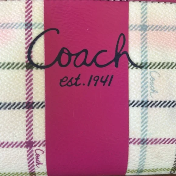 Coach Peyton Tattersall Coated Canvas and Leather Plaid Pink Stripe Cosmetic Bag - Picture 2 of 9